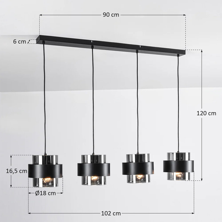 Pendellampa Faey med fyra lampor - svart och rökfärgat glas