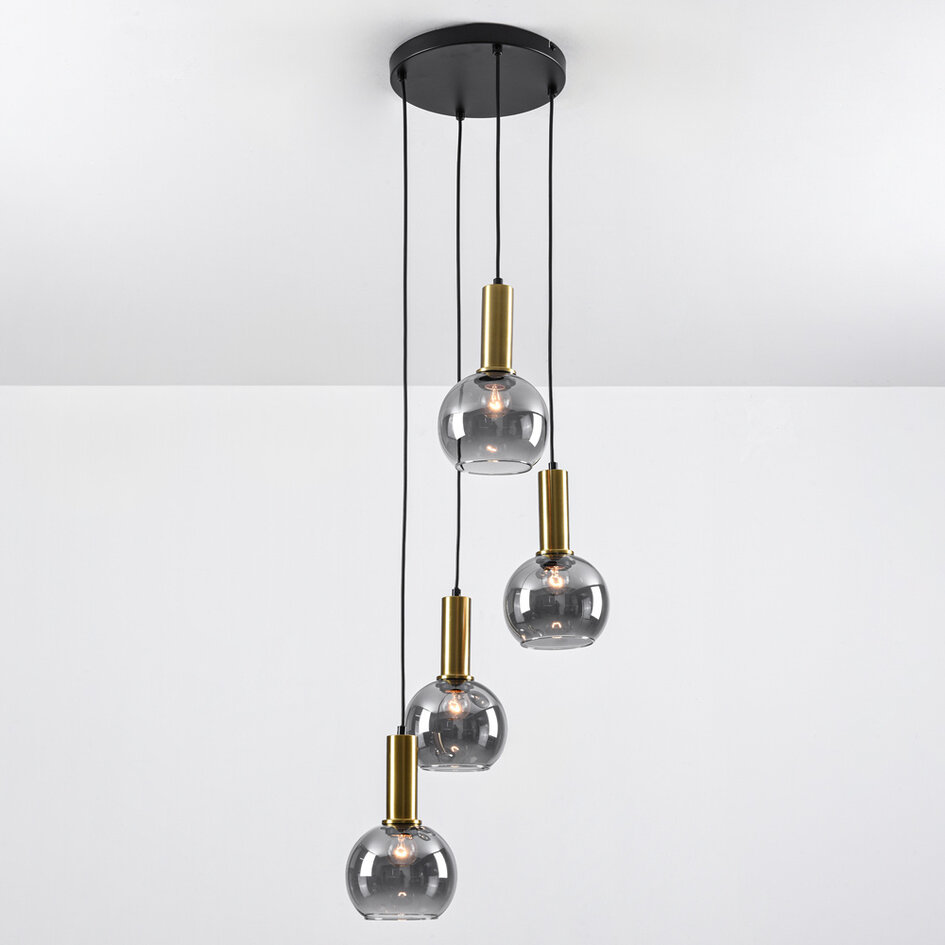 Design guldfärgad pendellampa med rökfärgat glas, 4-ljus - Imme