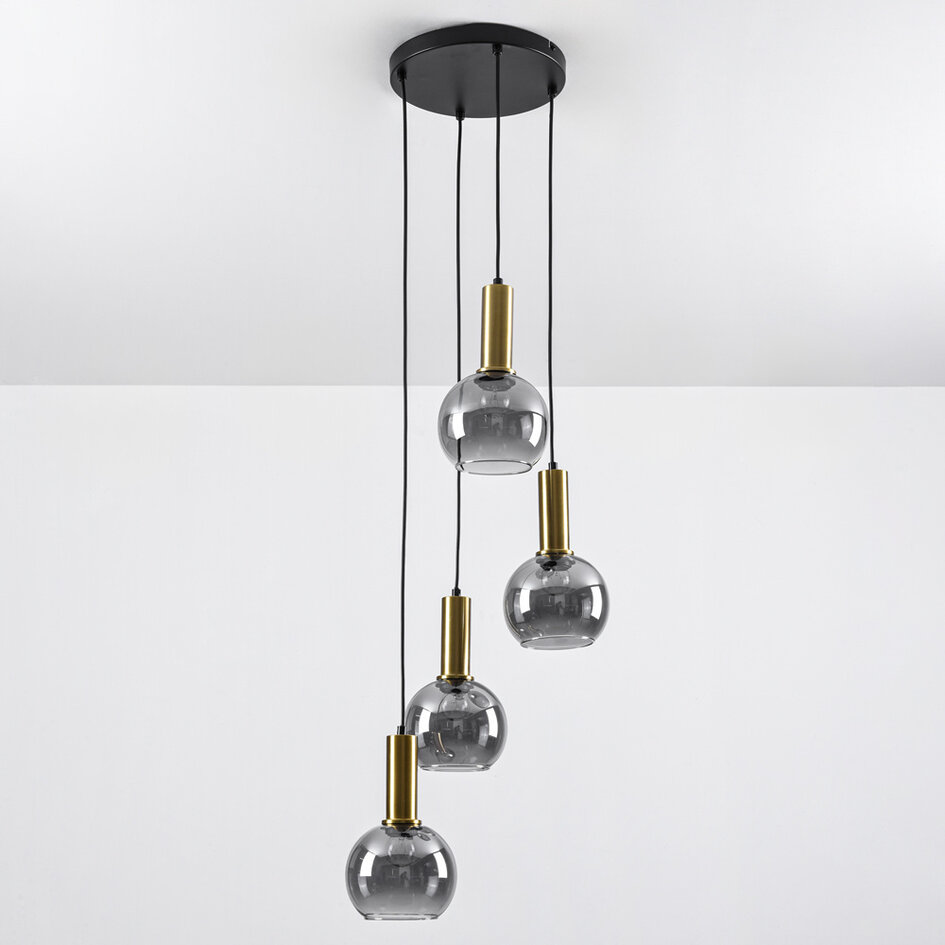 Design guldfärgad pendellampa med rökfärgat glas, 4-ljus - Imme