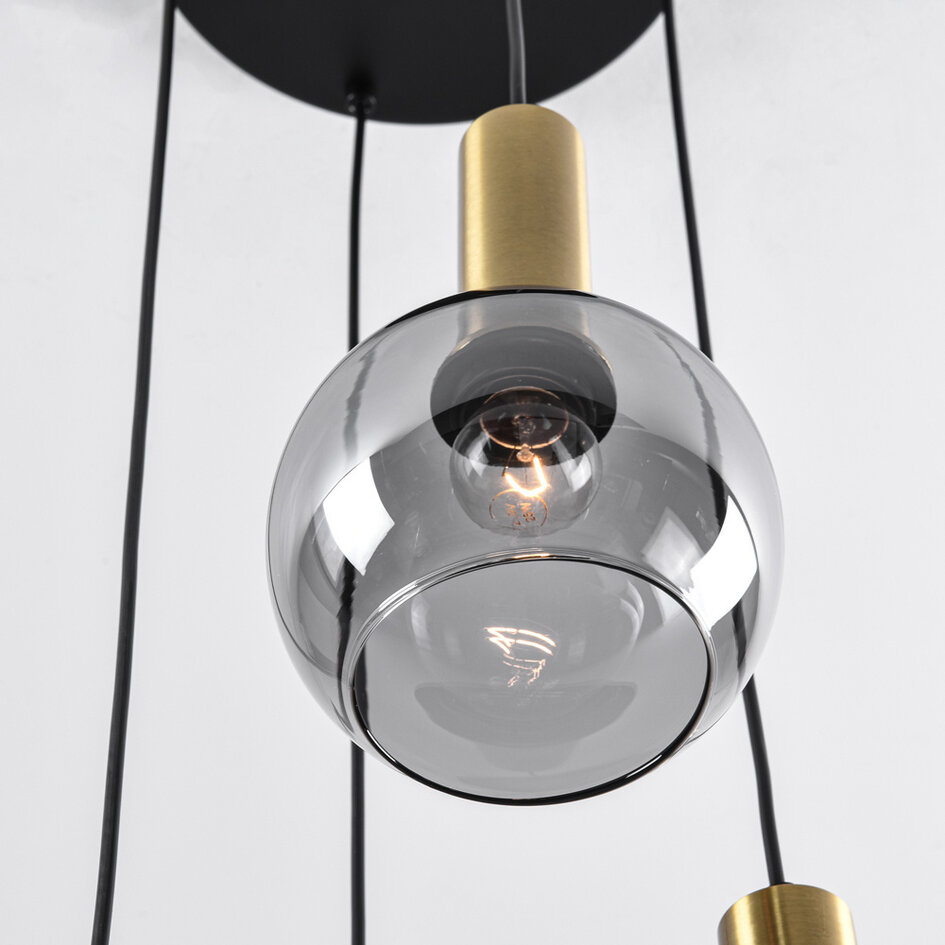 Design guldfärgad pendellampa med rökfärgat glas, 4-ljus - Imme