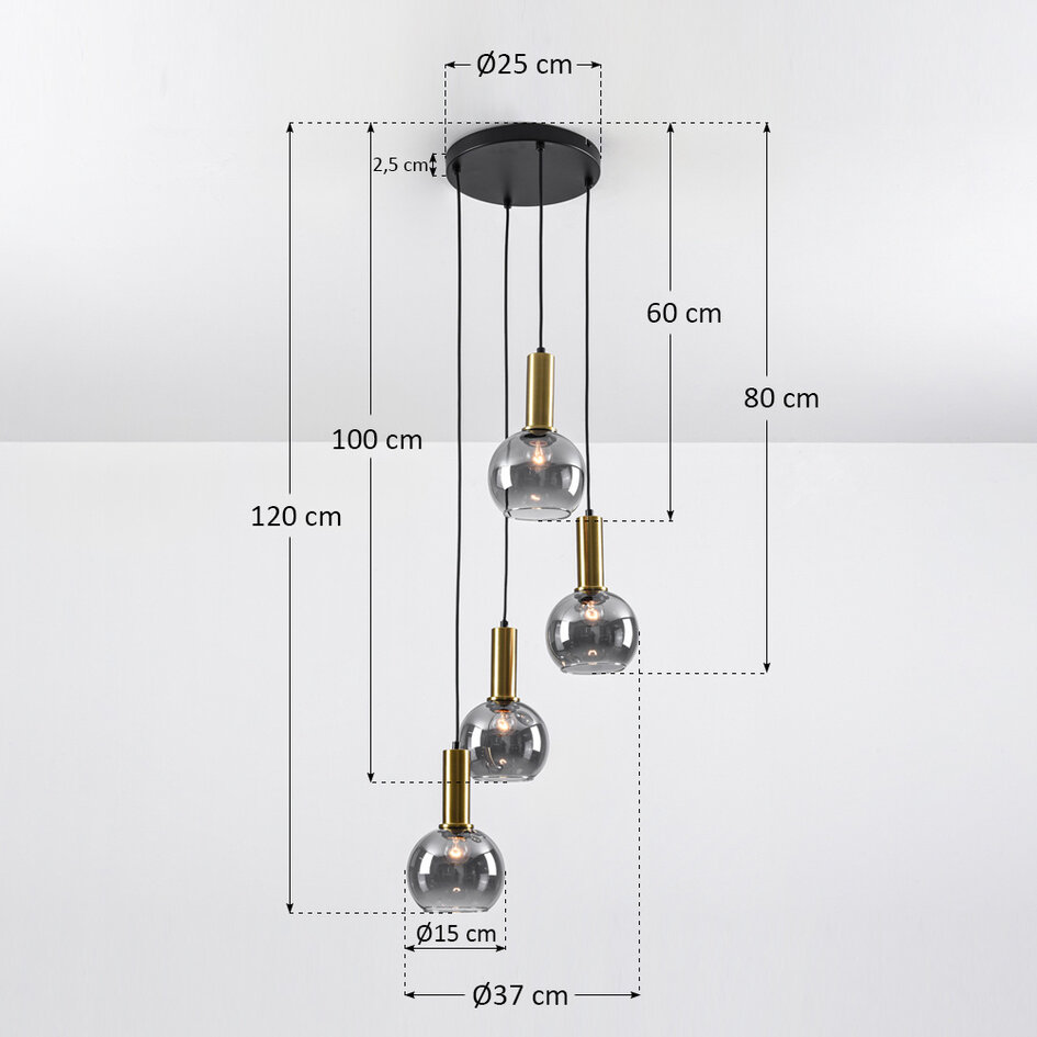Design guldfärgad pendellampa med rökfärgat glas, 4-ljus - Imme