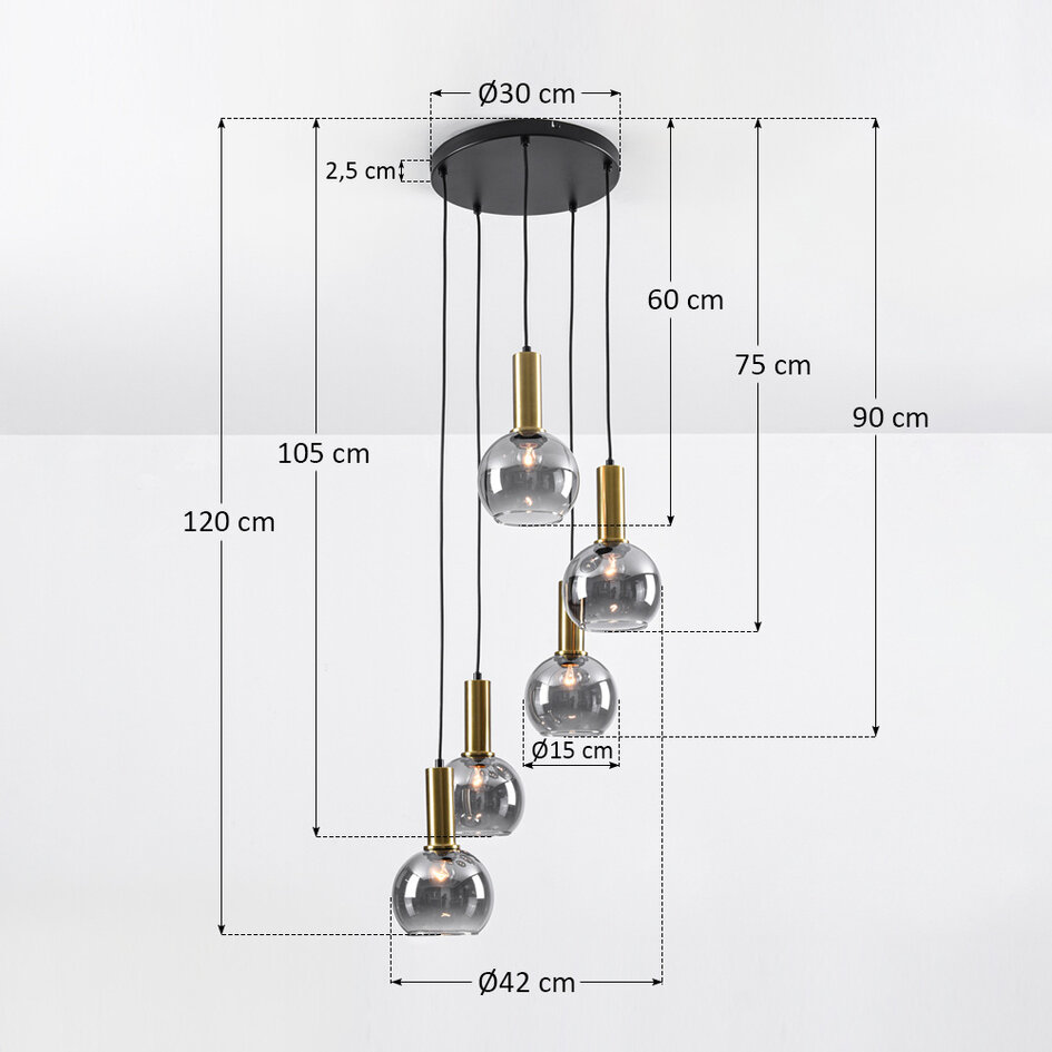 Design taklampa Imme guld med rökfärgat glas, 5-ljus