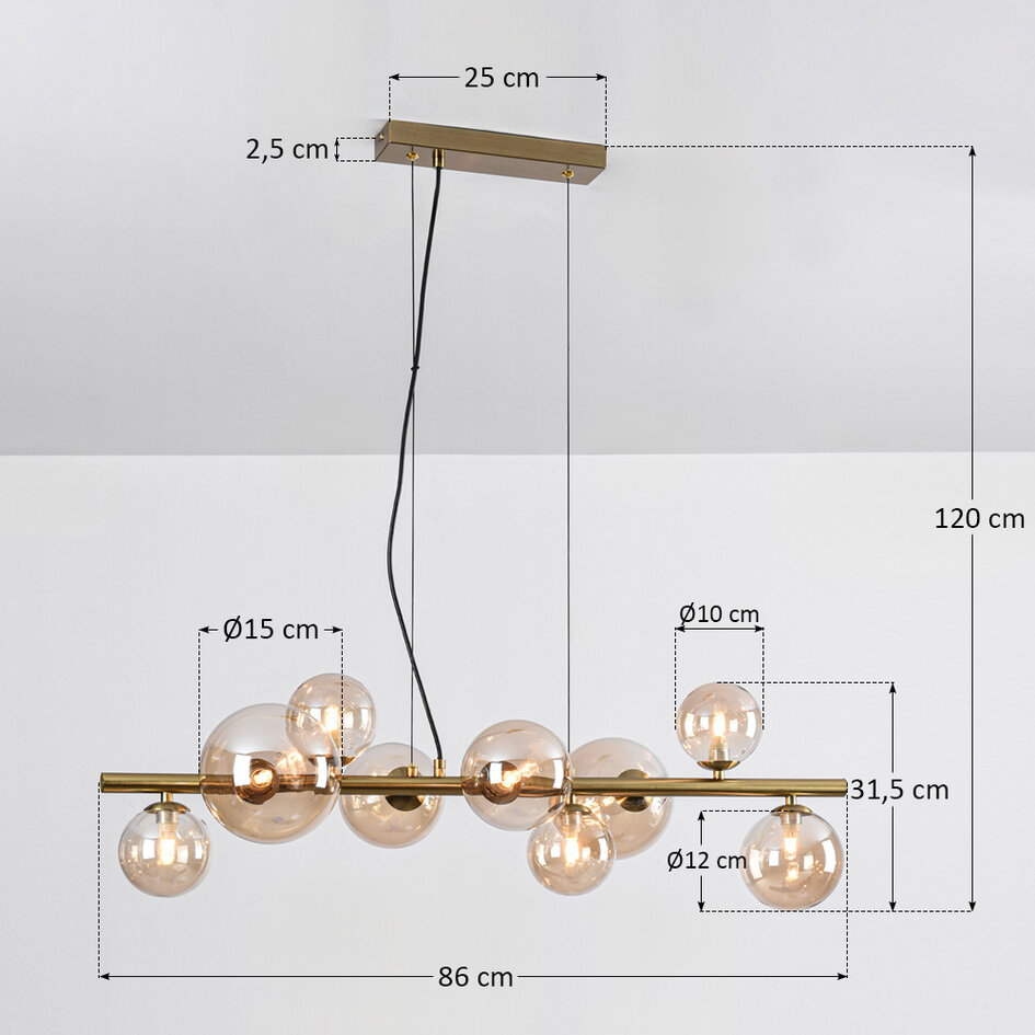 Pendellampa Ennea med nio lampor - guld och amberfärgat glas