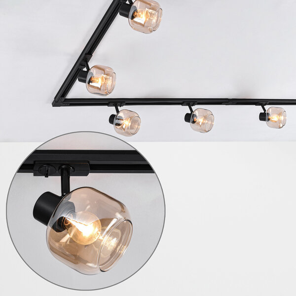 Set med 1-fas skensystem på 3 meter och Juna-spotlights, amberfärgat glas