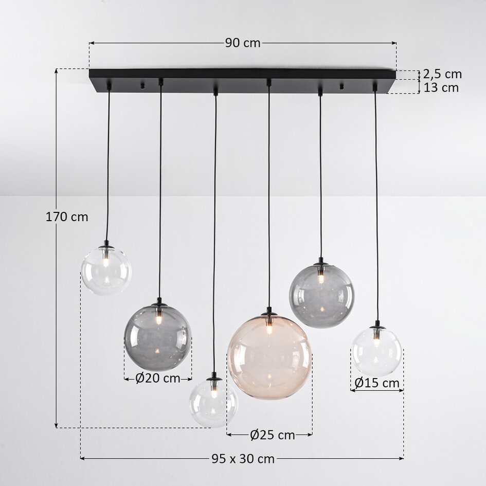Pendellampa Lumora med sex lampor - rökfärgat, amberfärgat och transparent glas