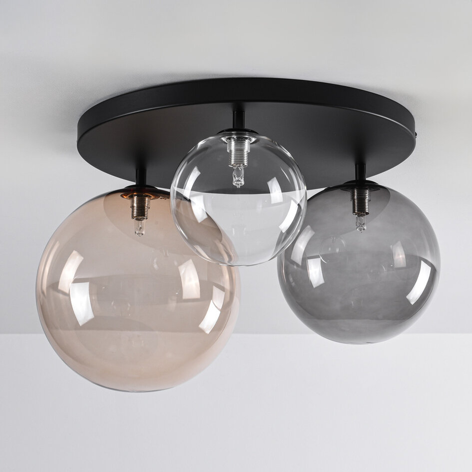 Taklampa Lumose med tre lampor - rökfärgat, amberfärgat och transparent glas