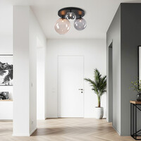 Taklampa Lumose med tre lampor - rökfärgat, amberfärgat och transparent glas
