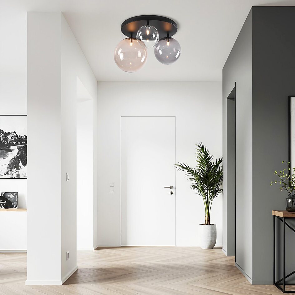 Taklampa Lumose med tre lampor - rökfärgat, amberfärgat och transparent glas