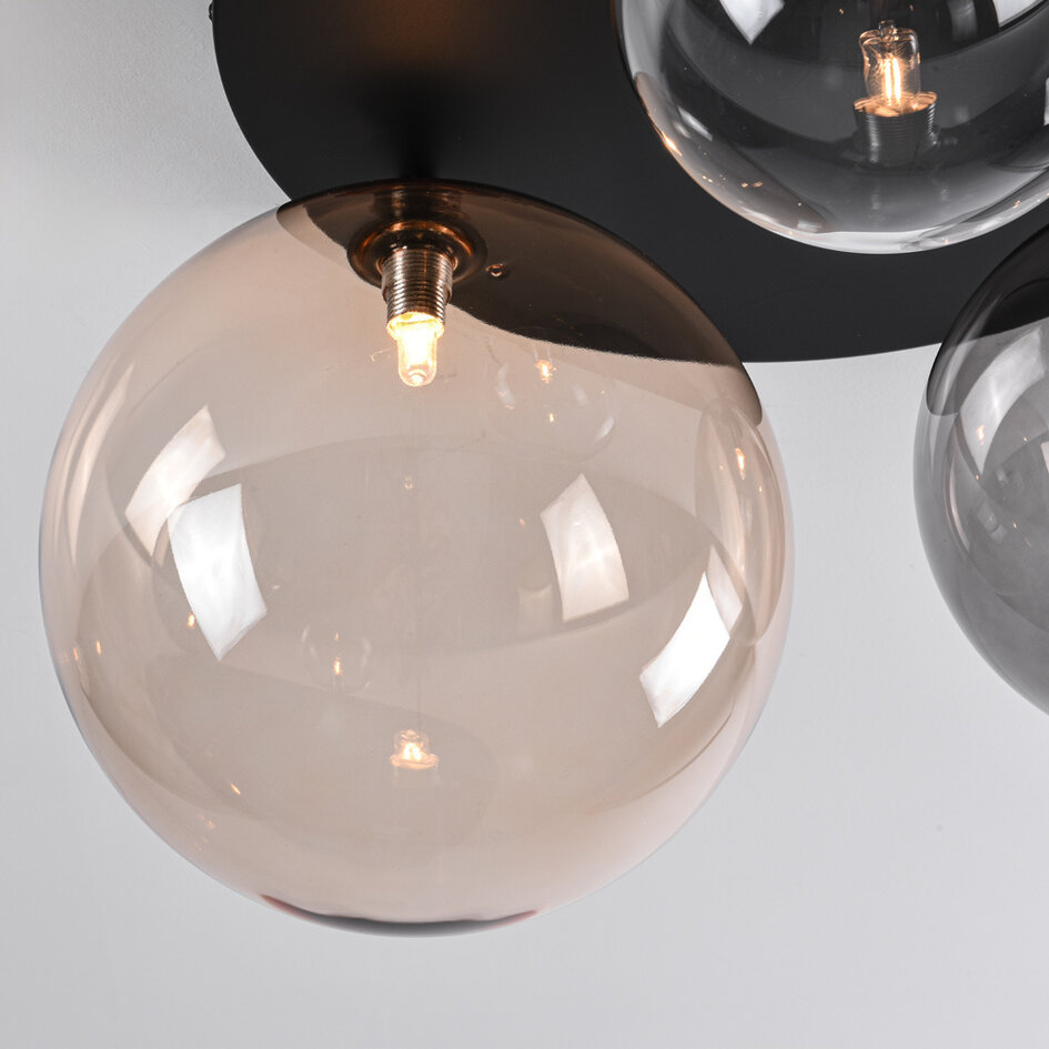 Taklampa Lumose med tre lampor - rökfärgat, amberfärgat och transparent glas
