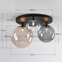 Taklampa Lumose med tre lampor - rökfärgat, amberfärgat och transparent glas