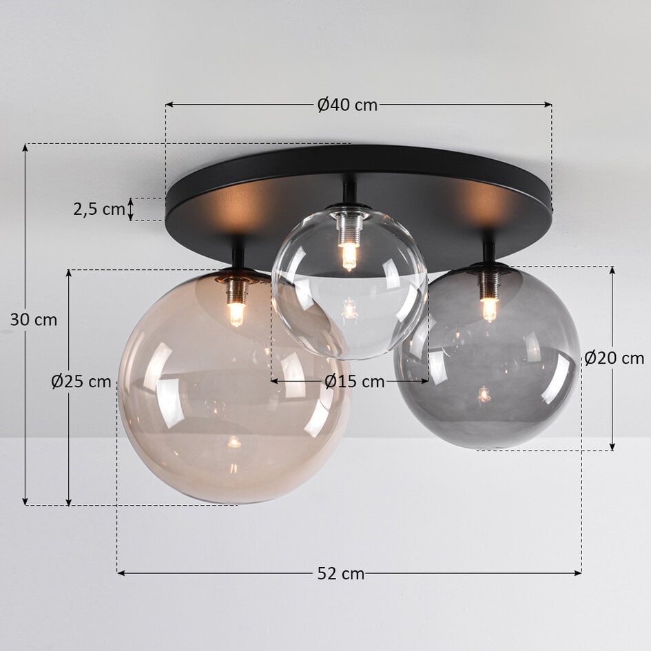 Taklampa Lumose med tre lampor - rökfärgat, amberfärgat och transparent glas