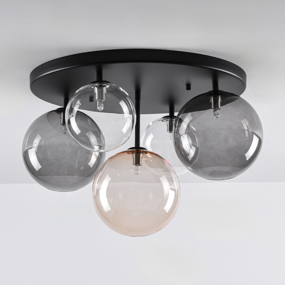 Taklampa Lumose med fem lampor - rökfärgat, amberfärgat och transparent glas
