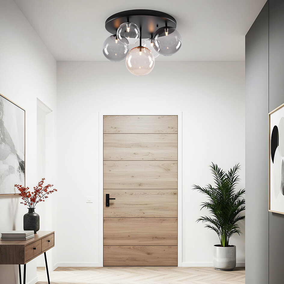 Taklampa Lumose med fem lampor - rökfärgat, amberfärgat och transparent glas
