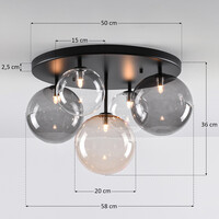 Taklampa Lumose med fem lampor - rökfärgat, amberfärgat och transparent glas