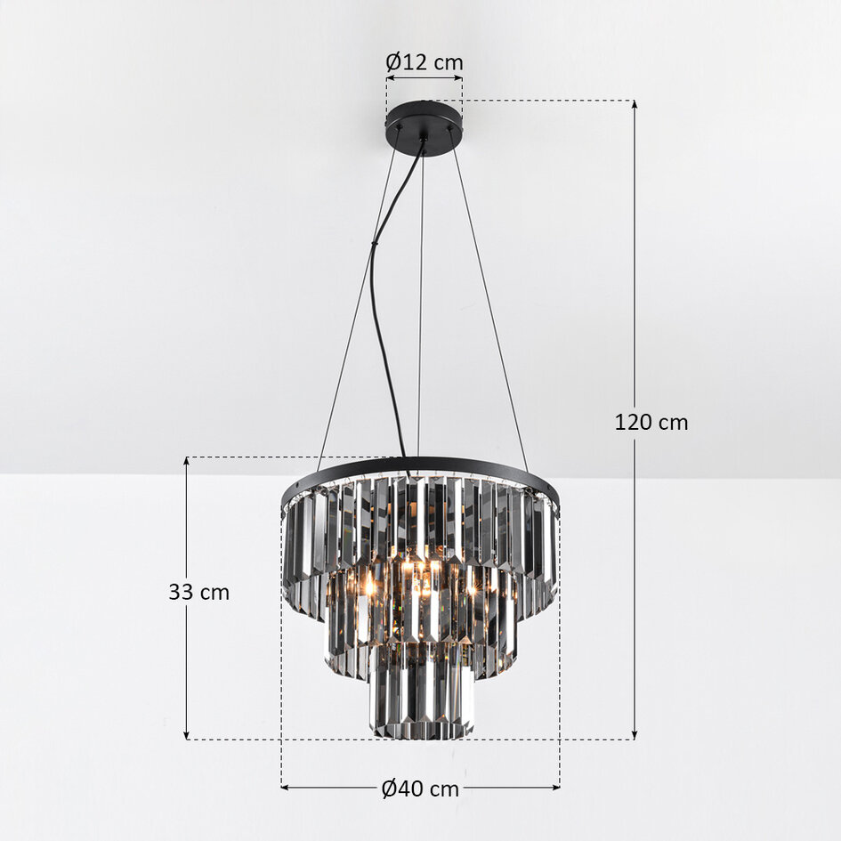 Pendellampa Kristal med tre lampor - svart och rökfärgat glas
