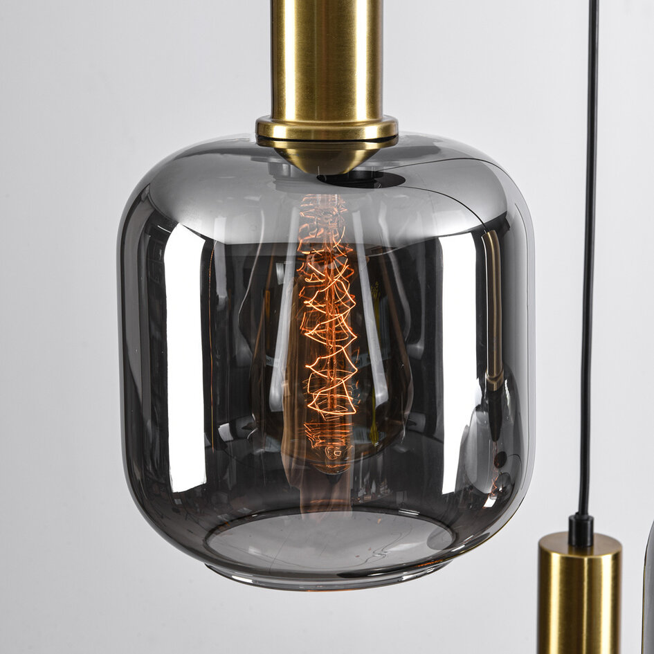 Svart design taklampa Pendu med guld och rökfärgat glas, 3-ljus