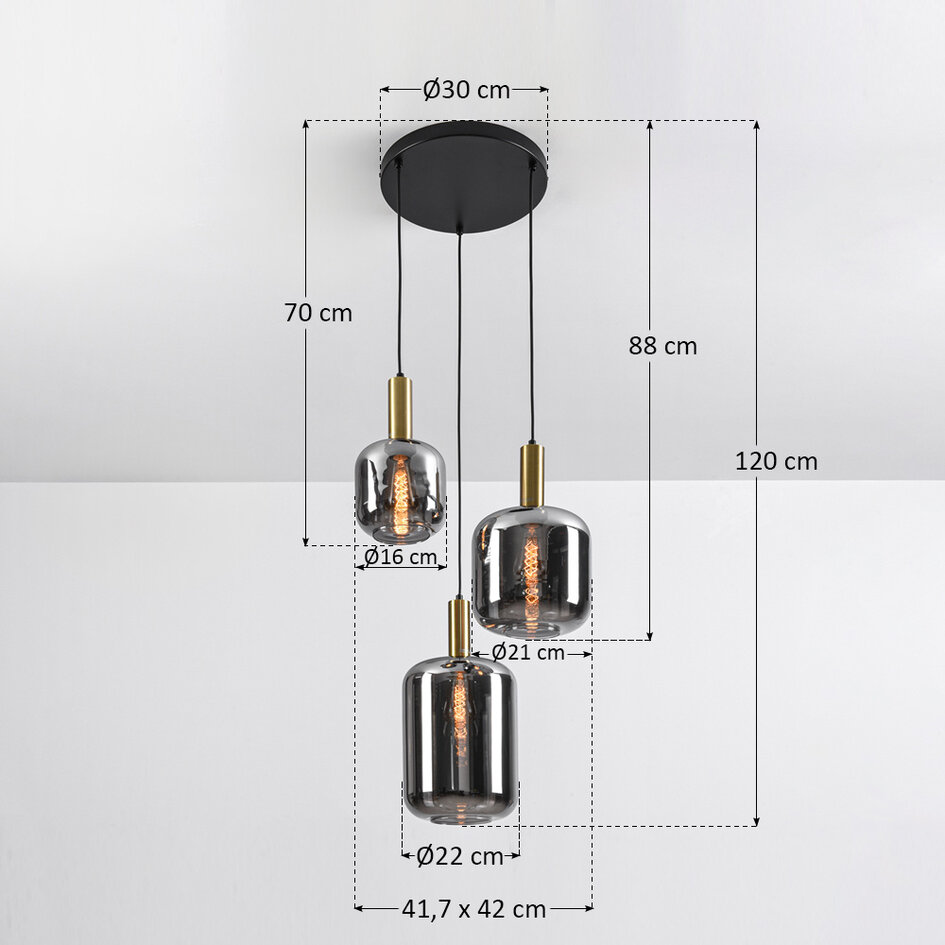 Svart design taklampa Pendu med guld och rökfärgat glas, 3-ljus