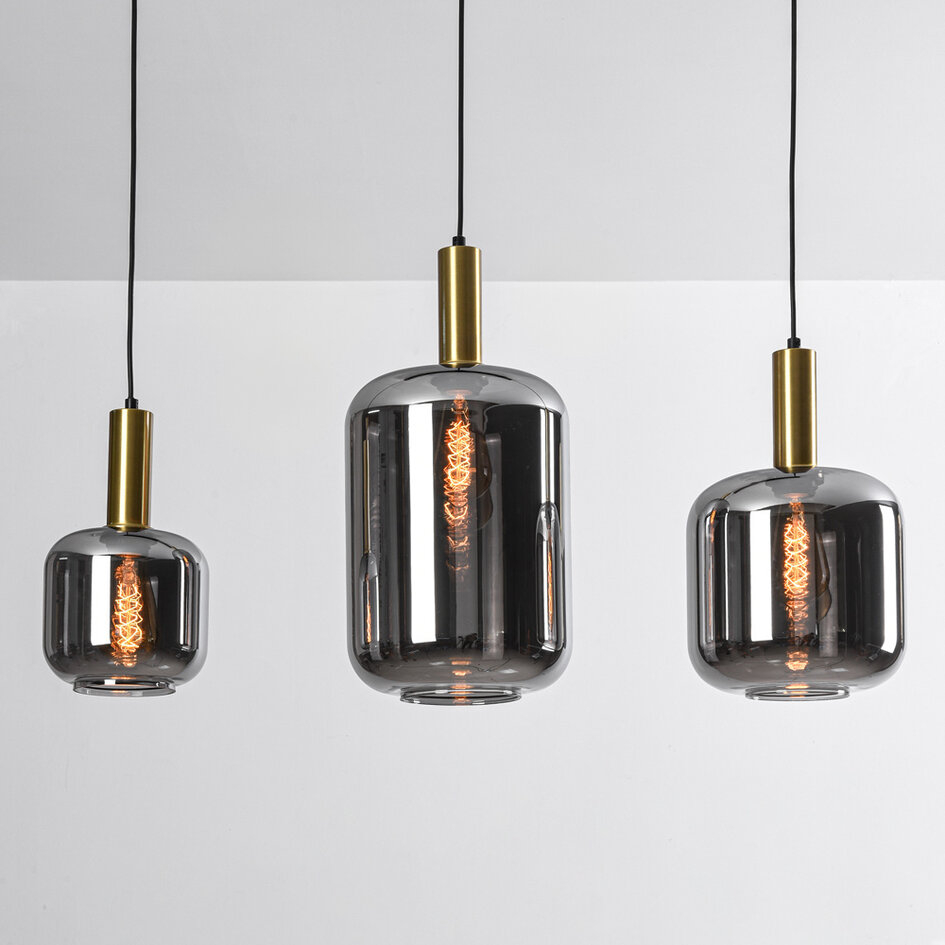 Pendellampa Tectos med tre lampor - svart, guld och rökfärgat glas