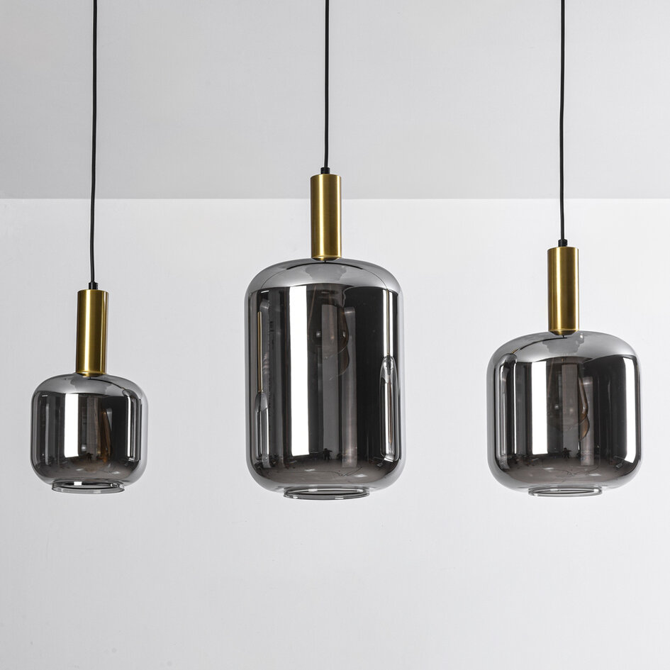 Pendellampa Tectos med tre lampor - svart, guld och rökfärgat glas