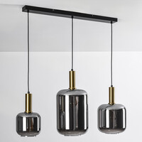 Pendellampa Tectos med tre lampor - svart, guld och rökfärgat glas