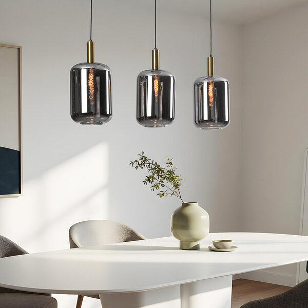 3-ljus svart med guldfärgad taklampa med rökfärgat glas - Teto