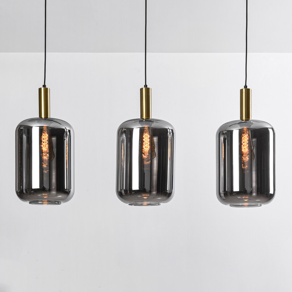 Pendellampa Teto med tre lampor - svart, guld och rökfärgat glas