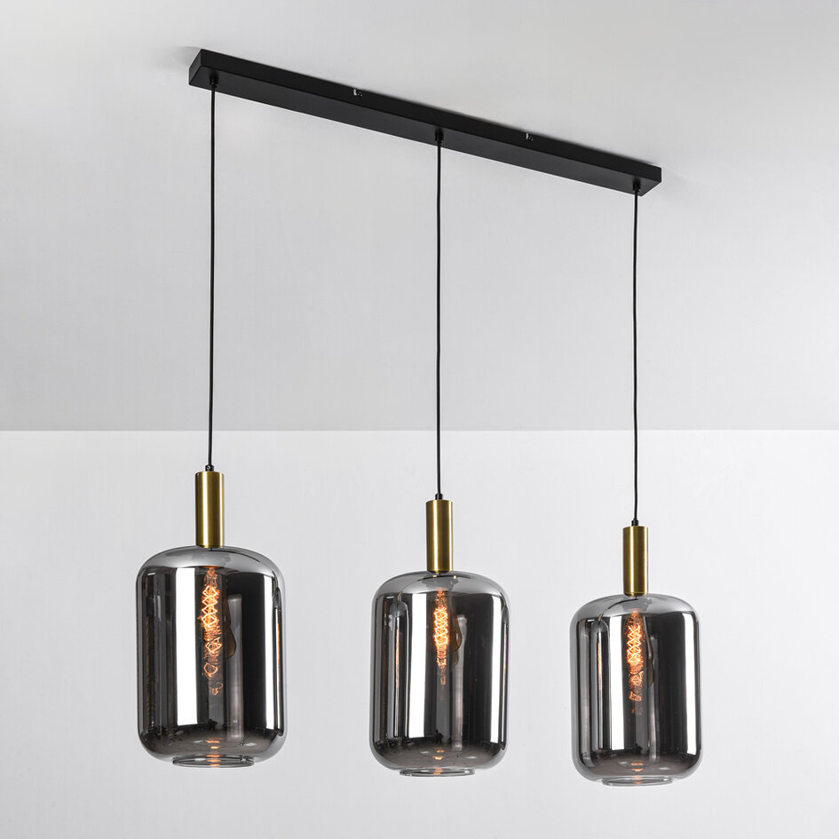 Pendellampa Teto med tre lampor - svart, guld och rökfärgat glas