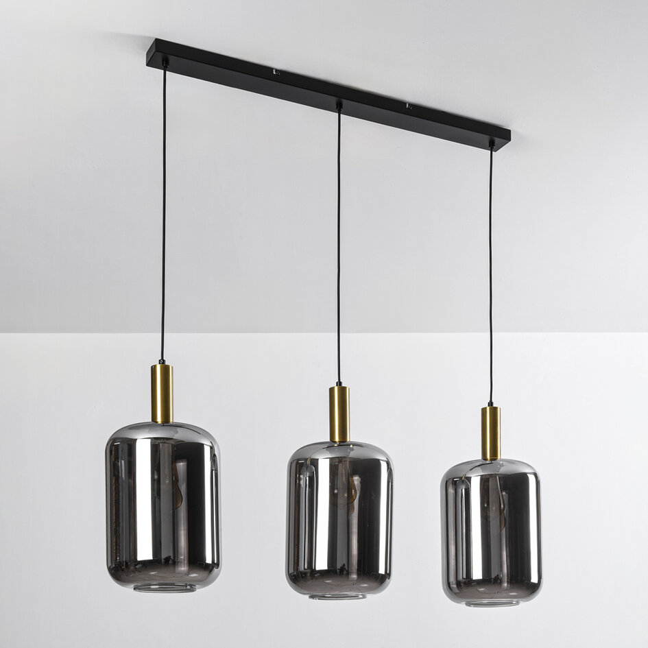 Pendellampa Teto med tre lampor - svart, guld och rökfärgat glas