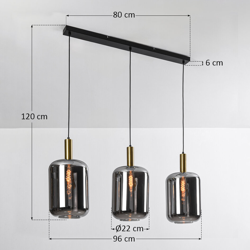 Pendellampa Teto med tre lampor - svart, guld och rökfärgat glas