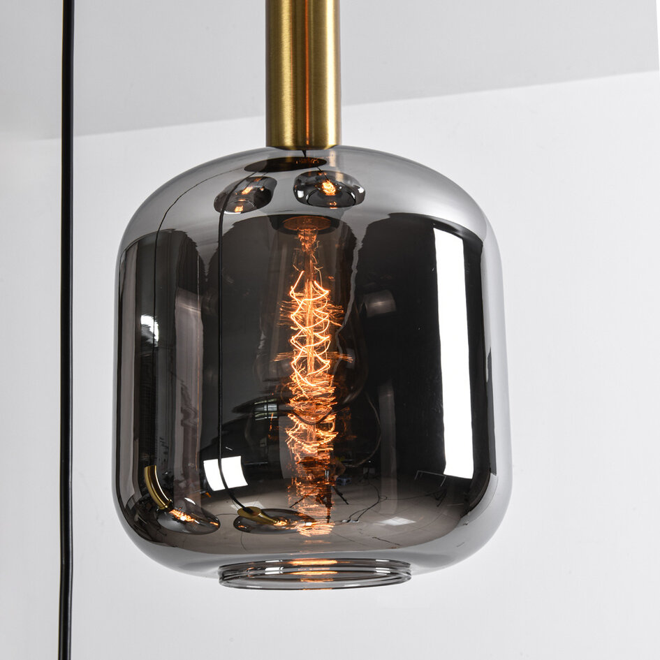 Pendellampa Cinque med fem lampor - svart, guld och rökfärgat glas