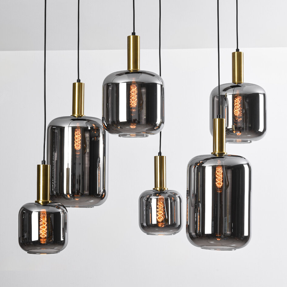 Pendellampa Sei med sex lampor - svart, guld och rökglas