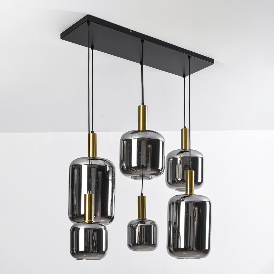 Pendellampa Sei med sex lampor - svart, guld och rökglas