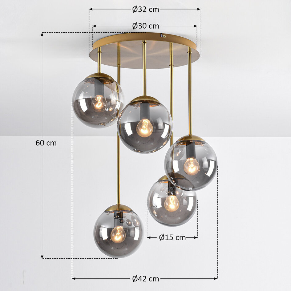 Taklampa Carat med fem lampor - guld och rökfärgat glas