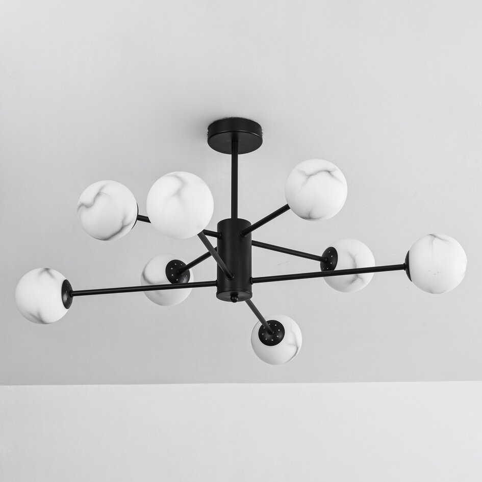 Design plafondlampa matt svart med kulor i marmorlook, 8-ljus - Idaho