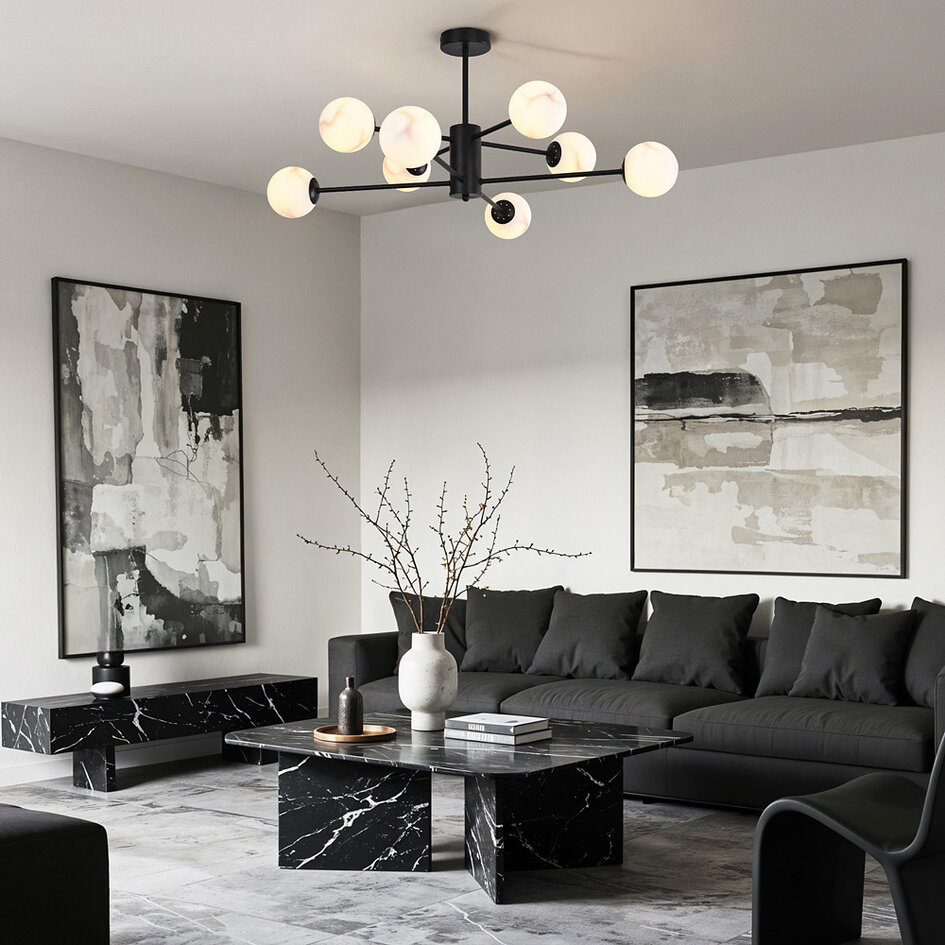 Design plafondlampa matt svart med kulor i marmorlook, 8-ljus - Idaho