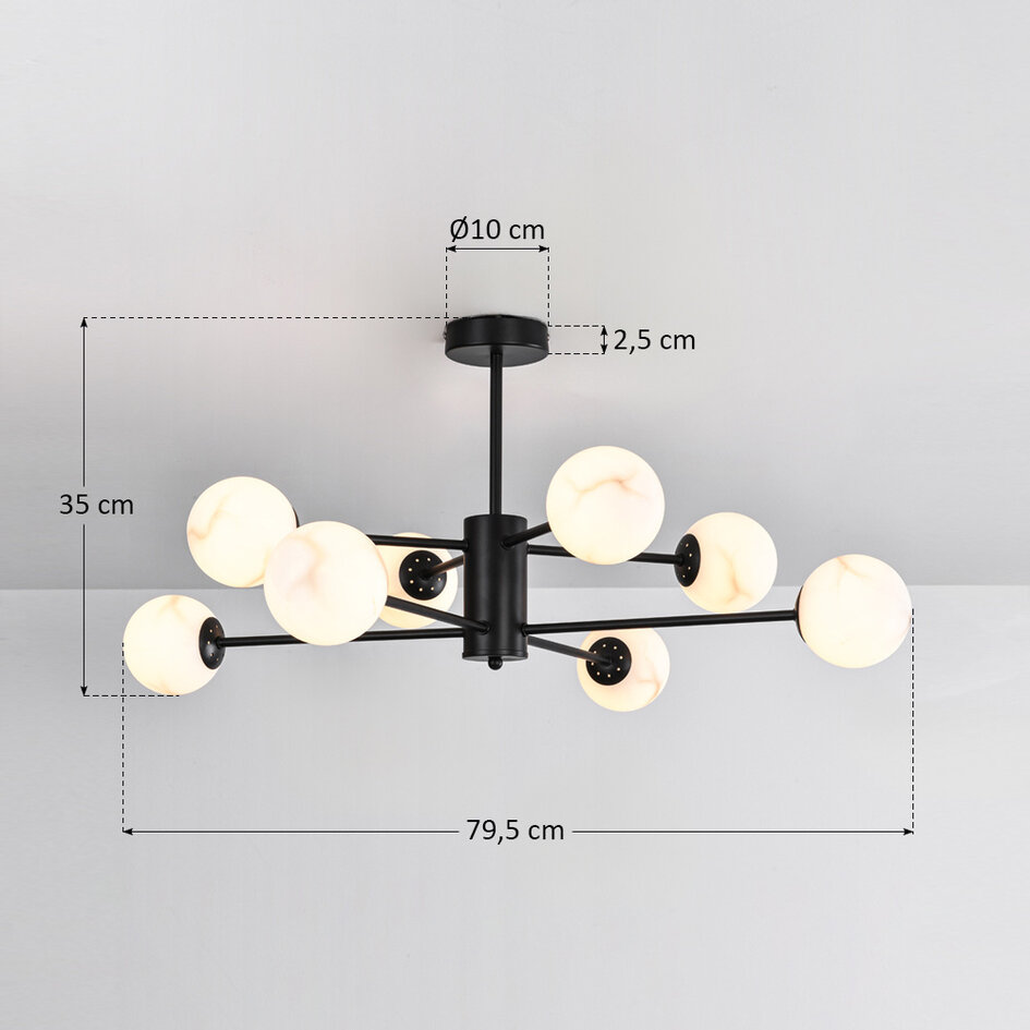 Design plafondlampa matt svart med kulor i marmorlook, 8-ljus - Idaho