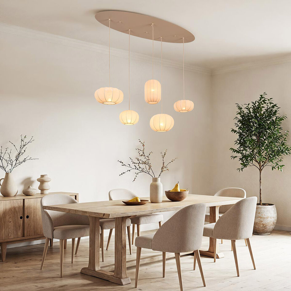 Pendellampa Canvas med fem lampor - beige tyg