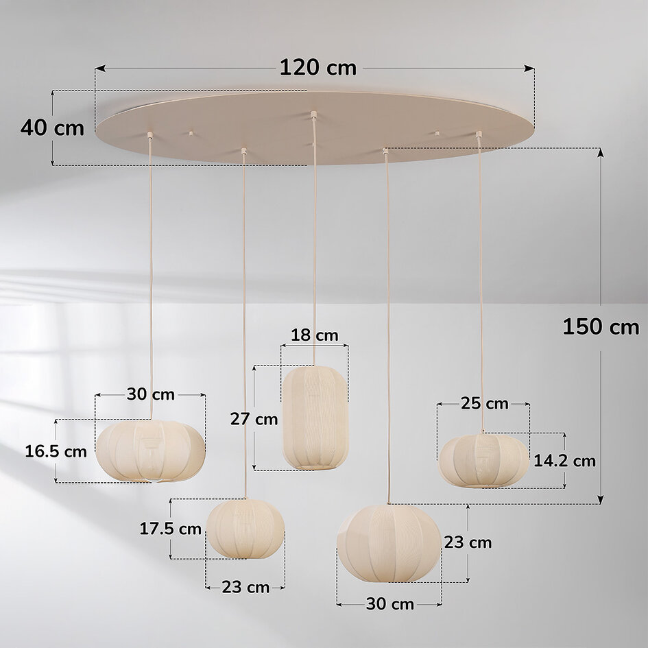 Pendellampa Canvas med fem lampor - beige tyg