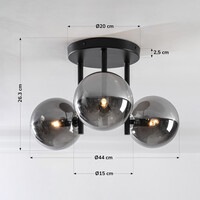 Taklampa Elora med tre lampor - svart och rökfärgat glas