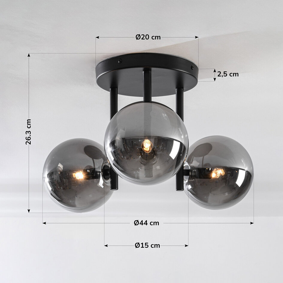 Taklampa Elora med tre lampor - svart och rökfärgat glas