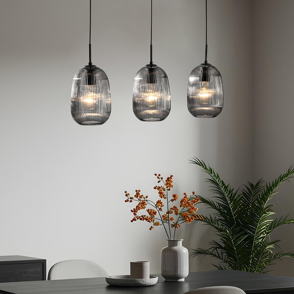 Modern taklampa Melora med räfflat rökglas, 3-ljus