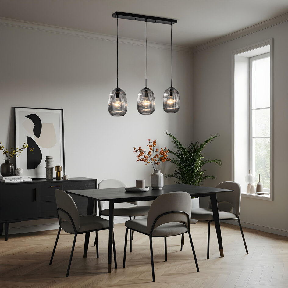 Pendellampa Melora med tre lampor - räfflat rökglas