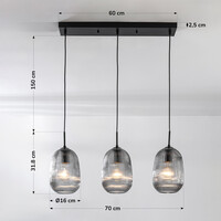 Pendellampa Melora med tre lampor - räfflat rökglas