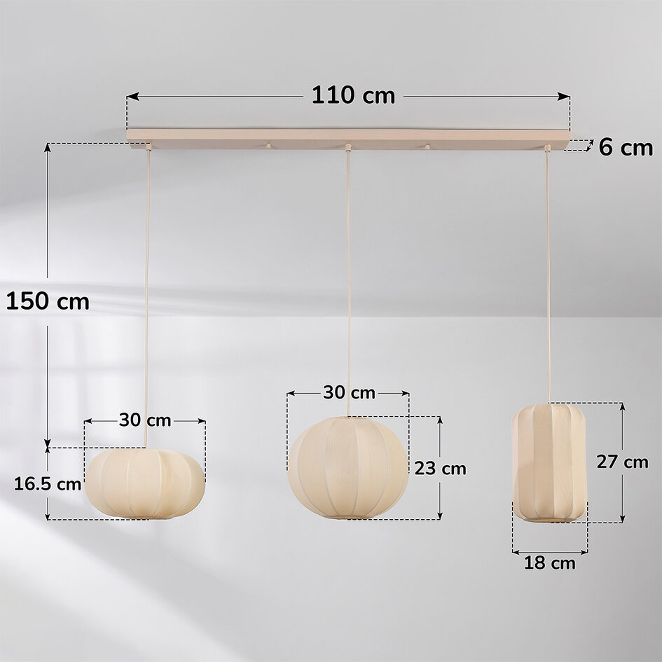 Pendellampa Serica med tre lampor - beige tyg