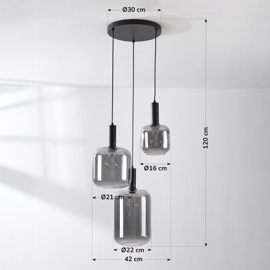 Pendellampa Rustique med tre lampor - rökfärgat glas
