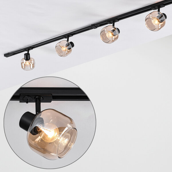 Set med 1-fas skensystem på 1,5 meter och Juna-spotlights, amberfärgat glas
