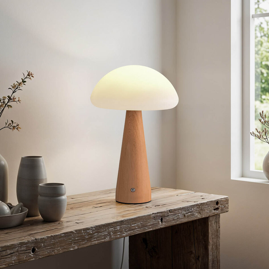Uppladdningsbar bordslampa Mira med svampdesign, touchdimmer och integrerad LED