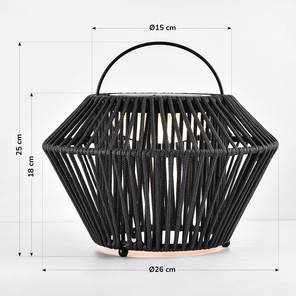 Solcellsdriven bordslampa Wovra med flätat rep - svart med integrerad LED