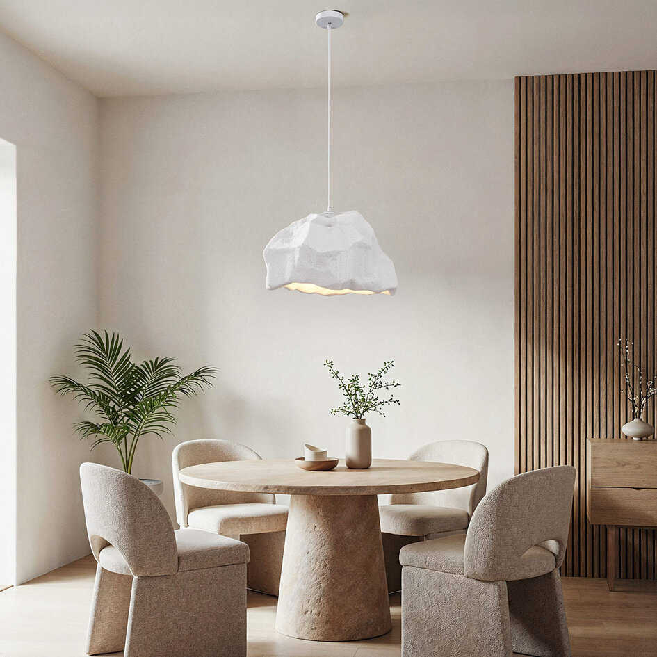 Wabi sabi-pendellampa i vitt med steneffekt - Nami, Ø52 cm