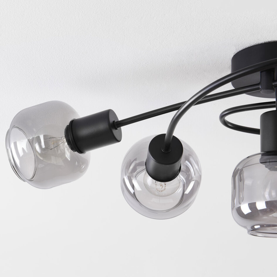 Taklampa Globe med fem lampor - rökfärgat glas